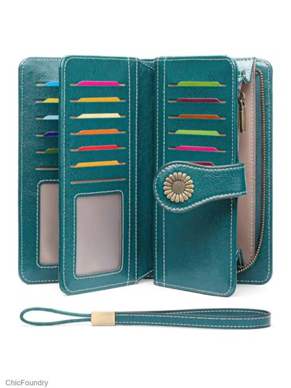 Leather RFID Blocking Wristlet Wallet Large Capacity Credit Card Holder